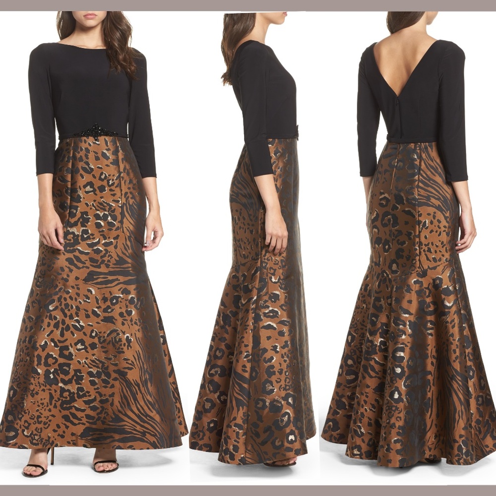 NEW $268 Eliza J‎ Embellished Mixed Media Trumpet Gown Cheetah [SZ 4 ]